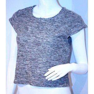 DREW CROP KNIT CREAM BLACK SHIRT TOP CAP SLEEVES COTTON BLEND S